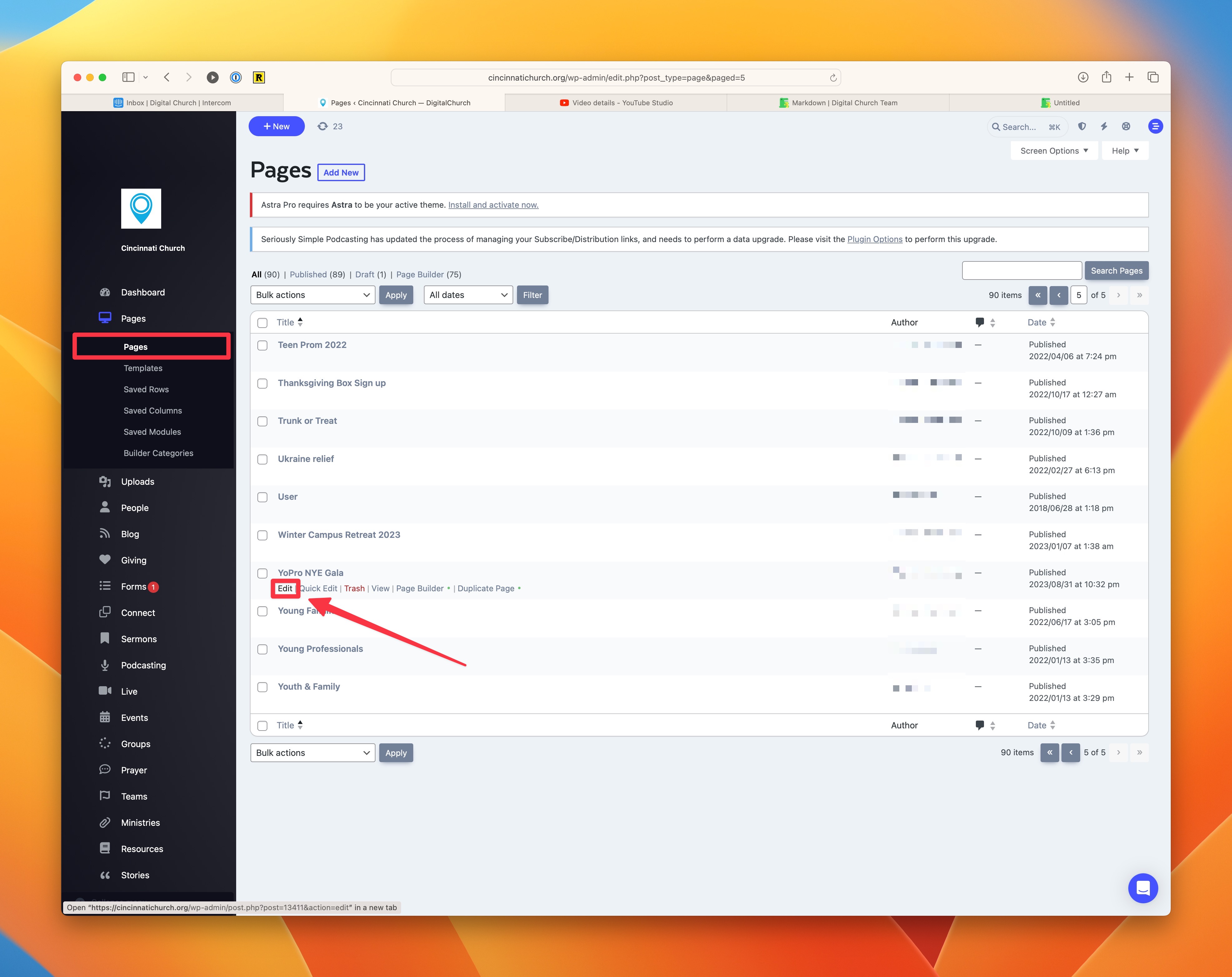Edit Page in Dashboard